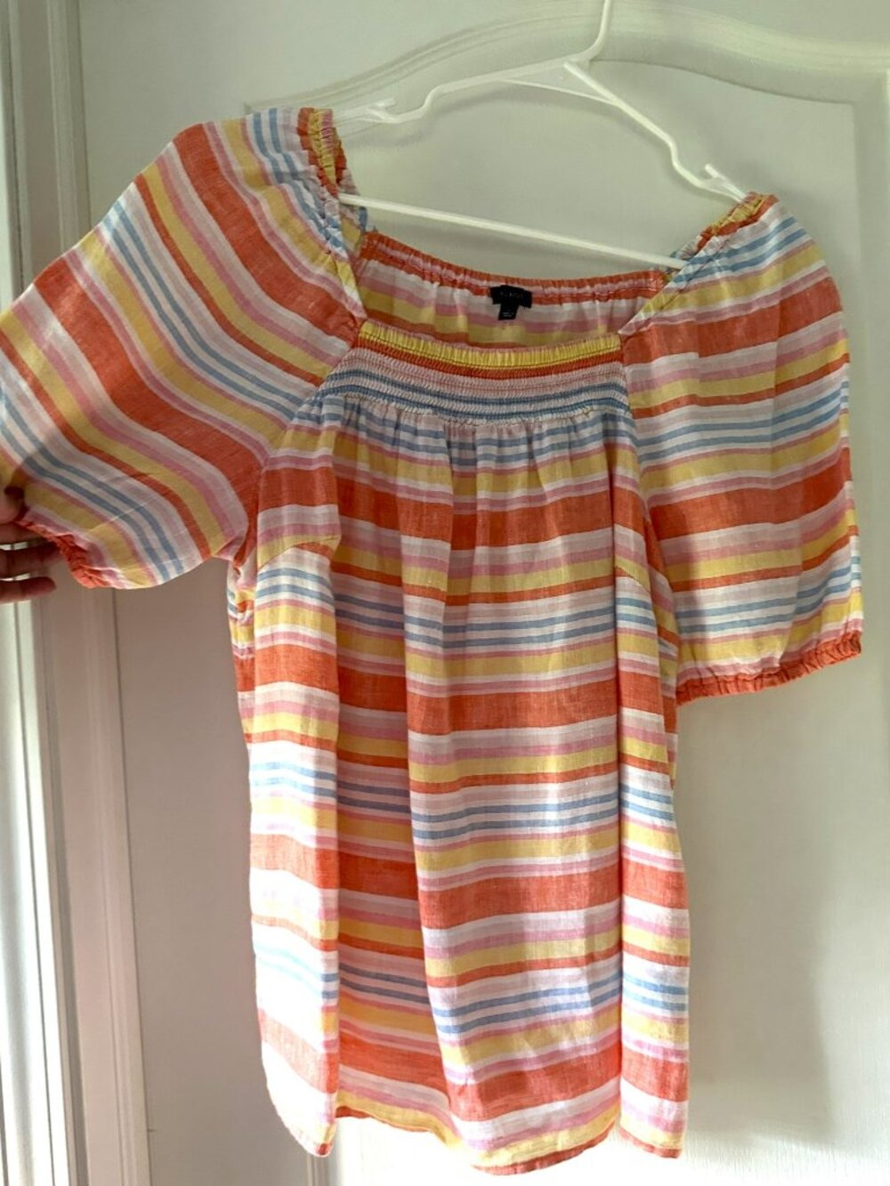 Talbots Womens Orange Multi Stripe Linen Puff Sleeve Peasant Top Size L EUC